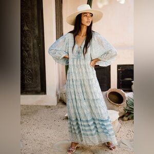 New Daughters of India Cotton Jasmine Maxi Dress In Sea Mist L 10